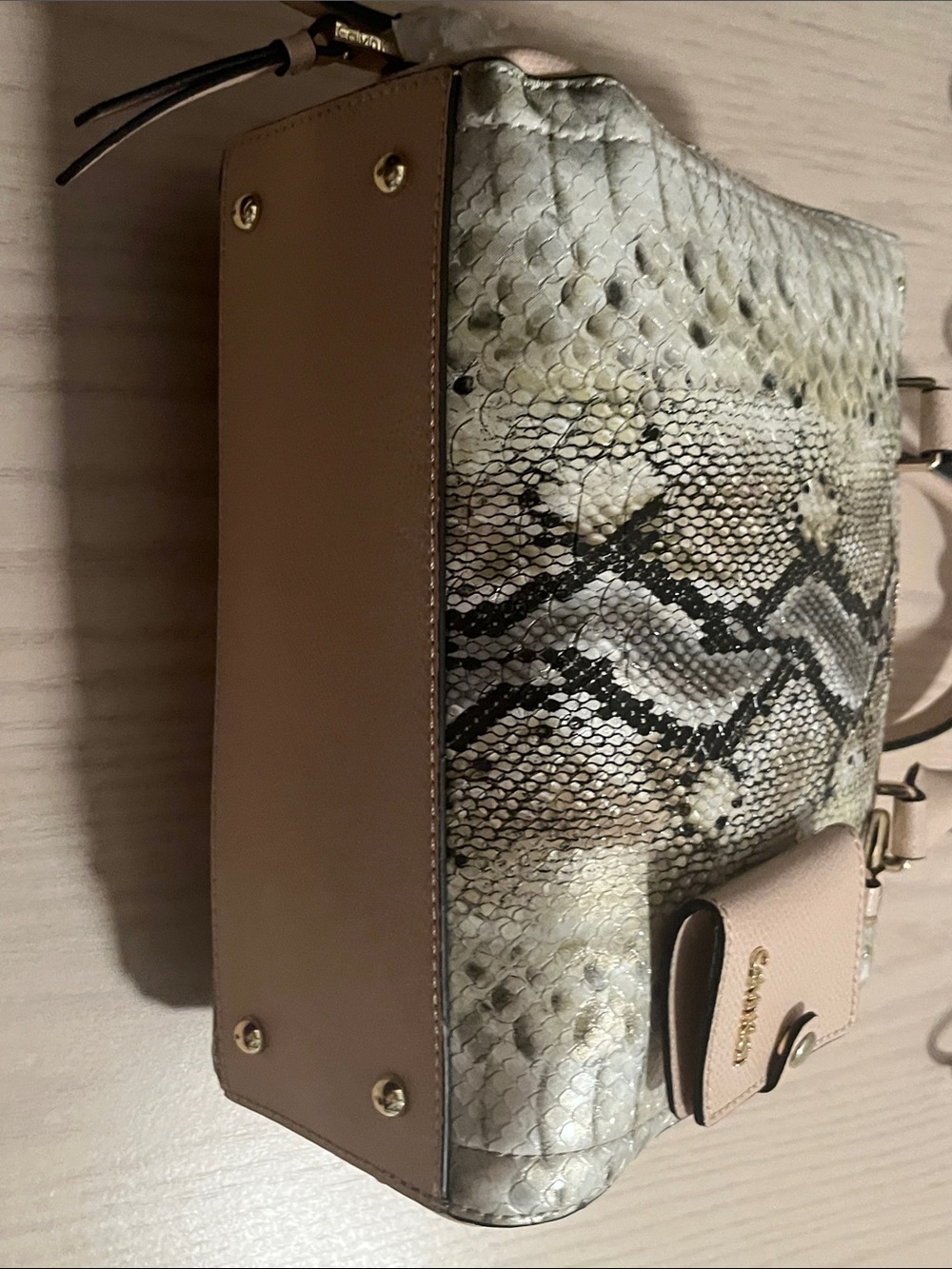 Calvin Klein Blush Beige Python-Print Satchel - Picture 13 of 13